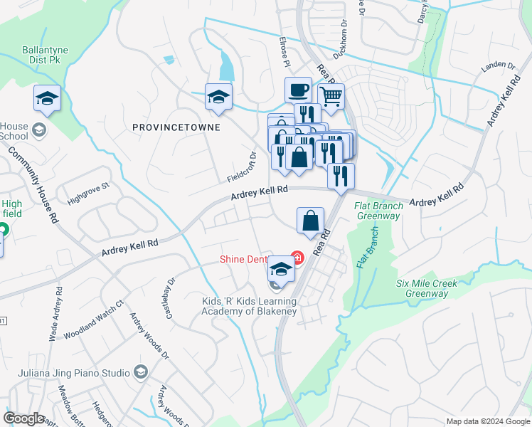 map of restaurants, bars, coffee shops, grocery stores, and more near 8936 Blakeney Professional Drive in Charlotte