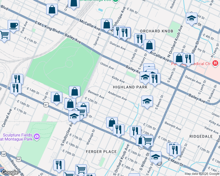 map of restaurants, bars, coffee shops, grocery stores, and more near 1506 Vance Avenue in Chattanooga