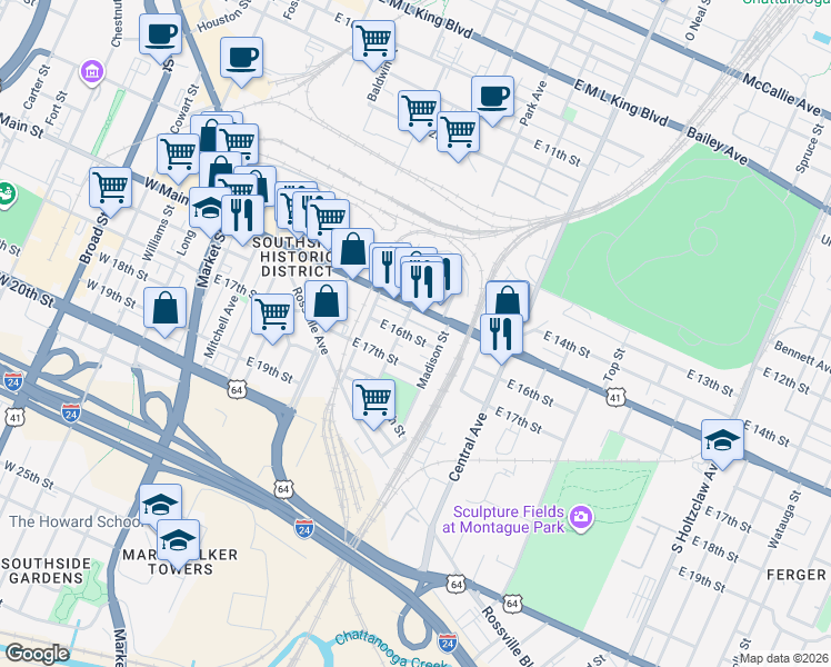 map of restaurants, bars, coffee shops, grocery stores, and more near 1602 Jefferson Street in Chattanooga