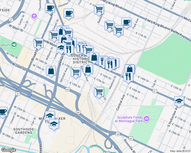 map of restaurants, bars, coffee shops, grocery stores, and more near 501 East 17th Street in Chattanooga