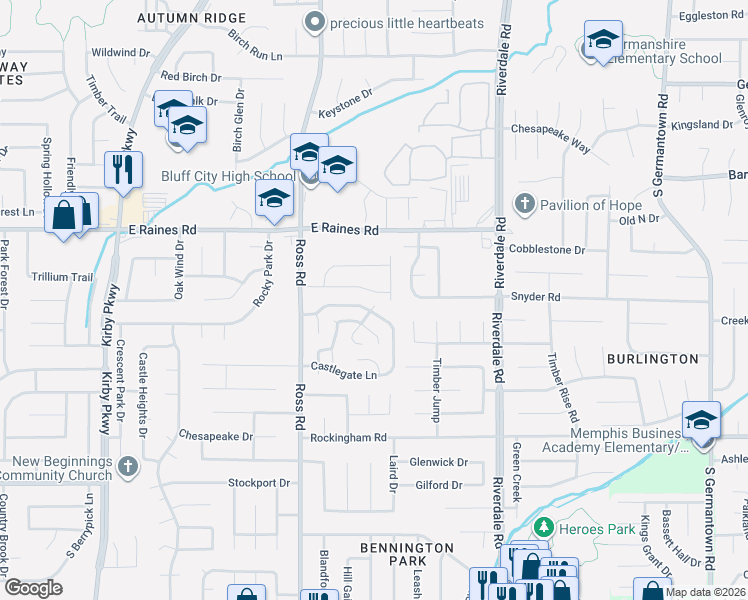 map of restaurants, bars, coffee shops, grocery stores, and more near 6799 Ross Ridge Drive in Memphis