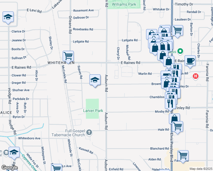 map of restaurants, bars, coffee shops, grocery stores, and more near 889 Brownlee Road in Memphis