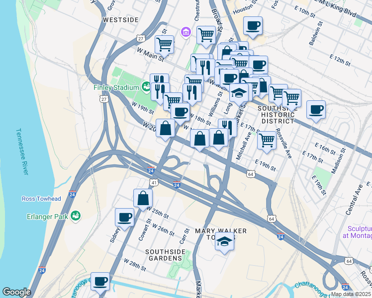 map of restaurants, bars, coffee shops, grocery stores, and more near 2025 Williams Street in Chattanooga