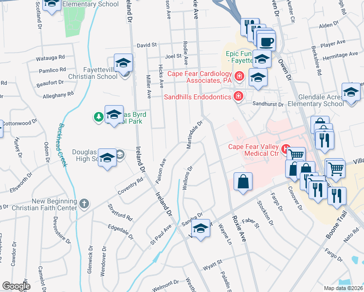 map of restaurants, bars, coffee shops, grocery stores, and more near 1100-1106 Martindale Drive in Fayetteville