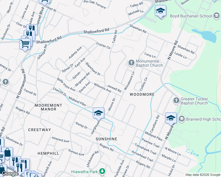 map of restaurants, bars, coffee shops, grocery stores, and more near 4308 Howell Road in Chattanooga