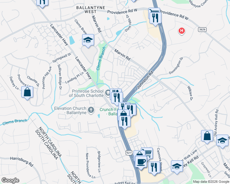 map of restaurants, bars, coffee shops, grocery stores, and more near 11923 Royal Castle Court in Charlotte