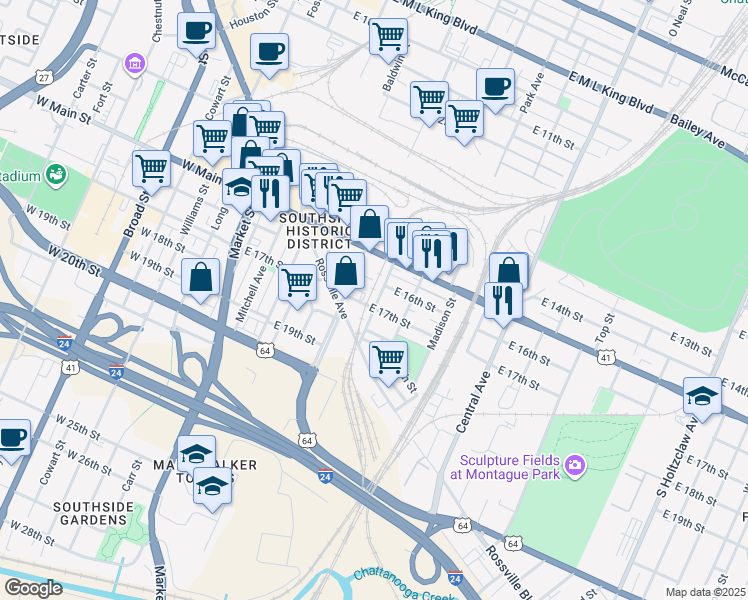map of restaurants, bars, coffee shops, grocery stores, and more near 501 East 17th Street in Chattanooga
