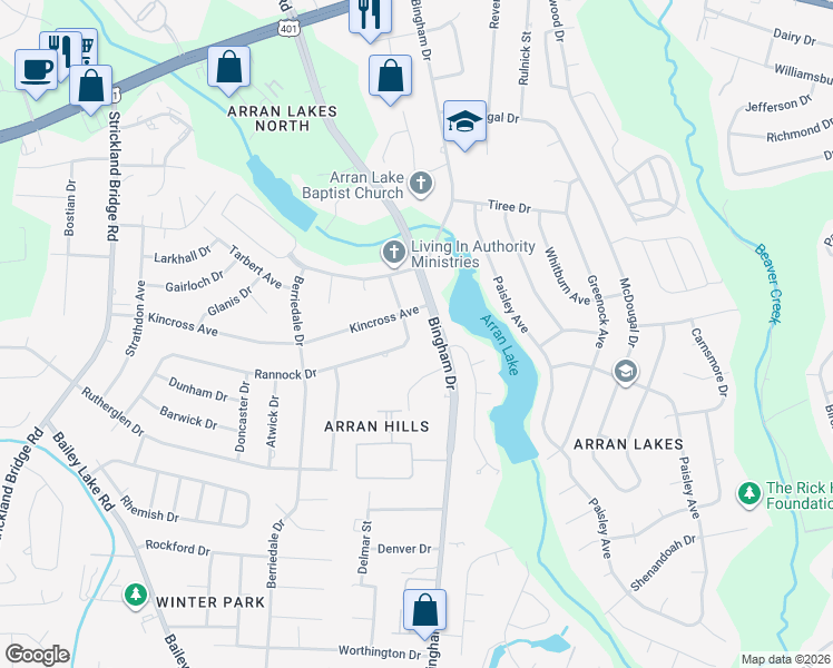 map of restaurants, bars, coffee shops, grocery stores, and more near 6311 Rannock Drive in Fayetteville