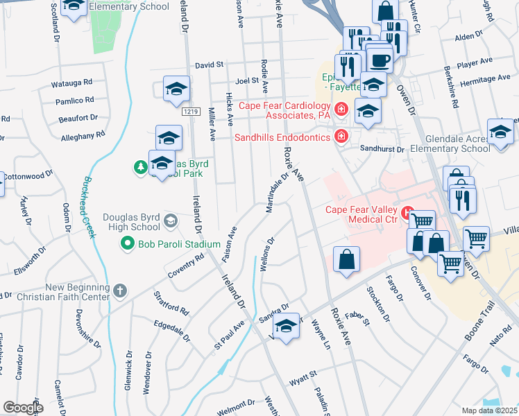 map of restaurants, bars, coffee shops, grocery stores, and more near 1100-1106 Martindale Drive in Fayetteville