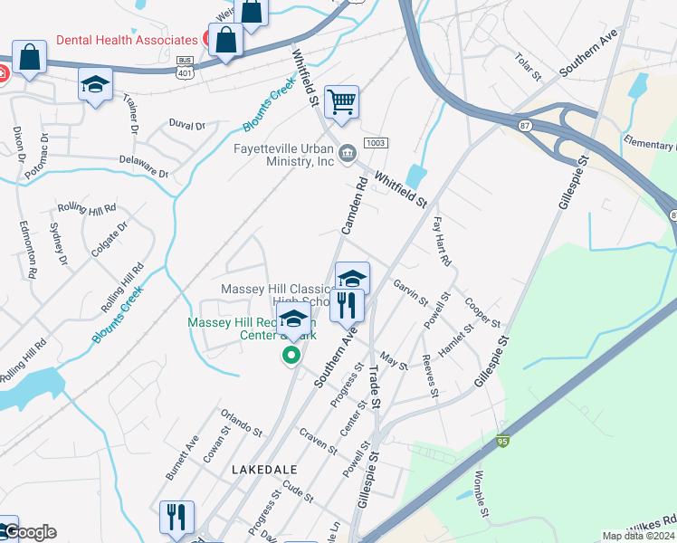 map of restaurants, bars, coffee shops, grocery stores, and more near 1323 Camden Road in Fayetteville