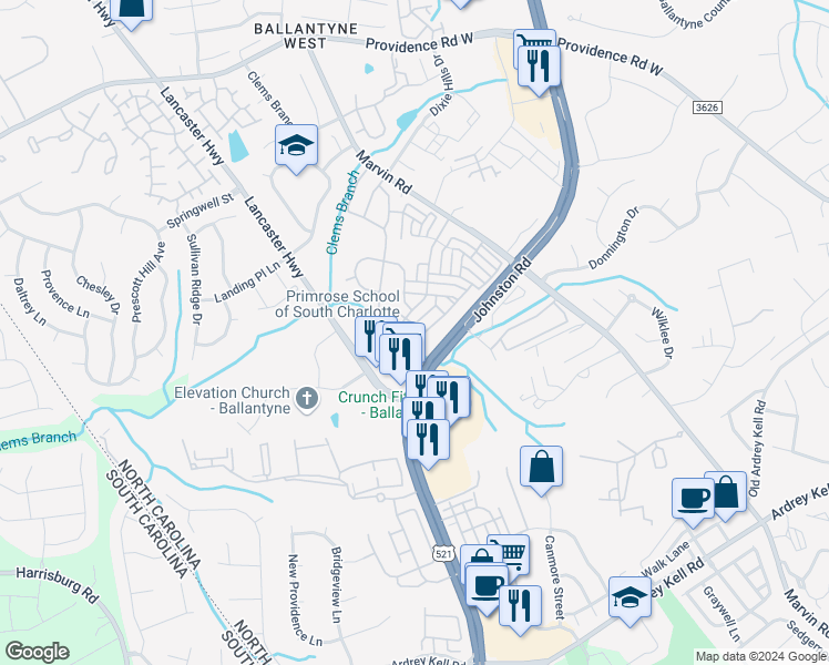 map of restaurants, bars, coffee shops, grocery stores, and more near 11840 Royal Castle Court in Charlotte
