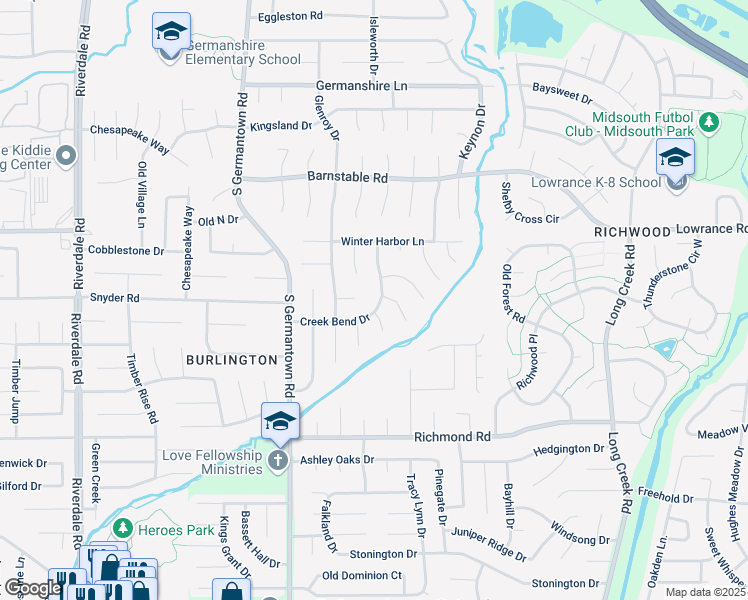 map of restaurants, bars, coffee shops, grocery stores, and more near 7338 Creek Bend Drive in Memphis