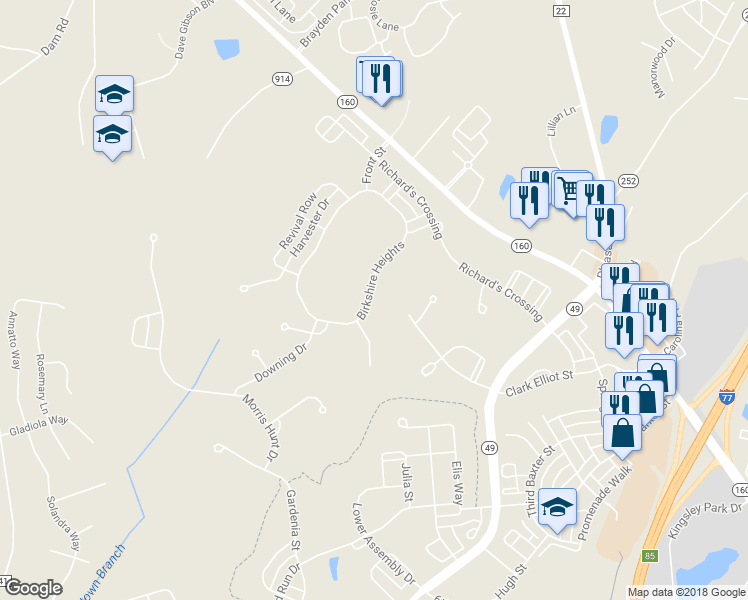 map of restaurants, bars, coffee shops, grocery stores, and more near 4139 Birkshire Heights in Fort Mill