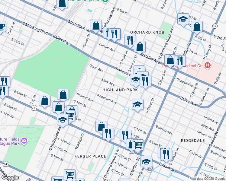 map of restaurants, bars, coffee shops, grocery stores, and more near 1605 Vance Avenue in Chattanooga