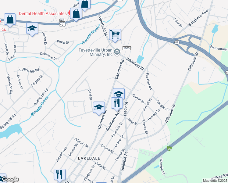 map of restaurants, bars, coffee shops, grocery stores, and more near 1323 Camden Road in Fayetteville