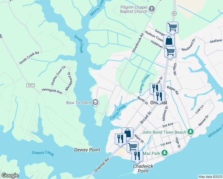 map of restaurants, bars, coffee shops, grocery stores, and more near 26 Blackwell Point Loop Road in Oriental