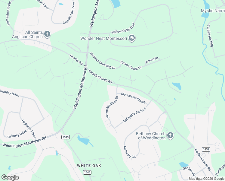 map of restaurants, bars, coffee shops, grocery stores, and more near 1004 James Madison Drive in Matthews