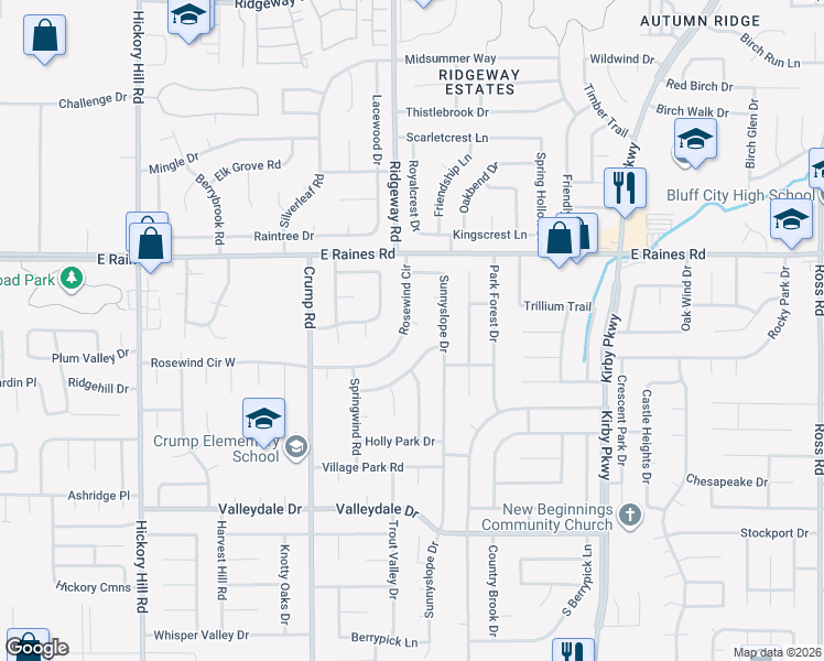 map of restaurants, bars, coffee shops, grocery stores, and more near 4212 Rosewind Circle in Memphis
