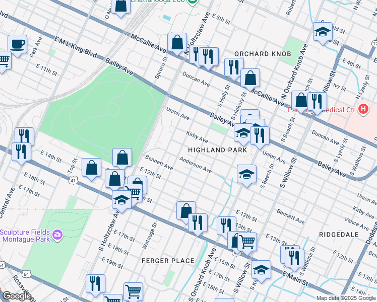 map of restaurants, bars, coffee shops, grocery stores, and more near 1506 Vance Avenue in Chattanooga
