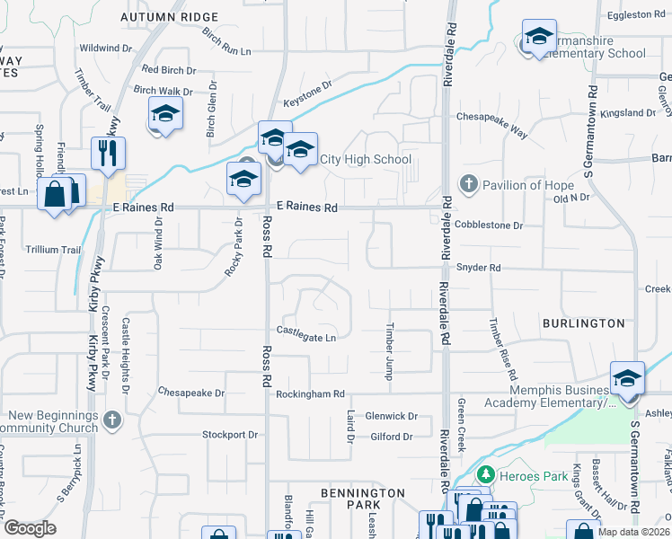 map of restaurants, bars, coffee shops, grocery stores, and more near 6799 Ross Ridge Drive in Memphis