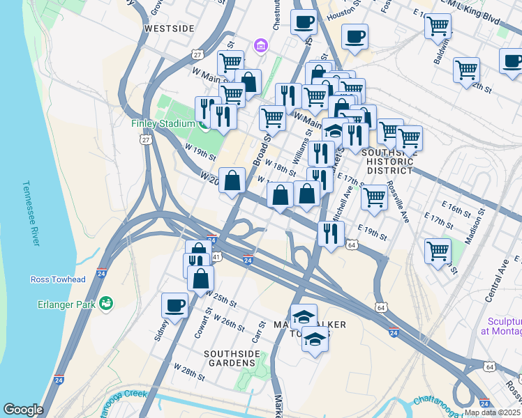 map of restaurants, bars, coffee shops, grocery stores, and more near 2025 Williams Street in Chattanooga
