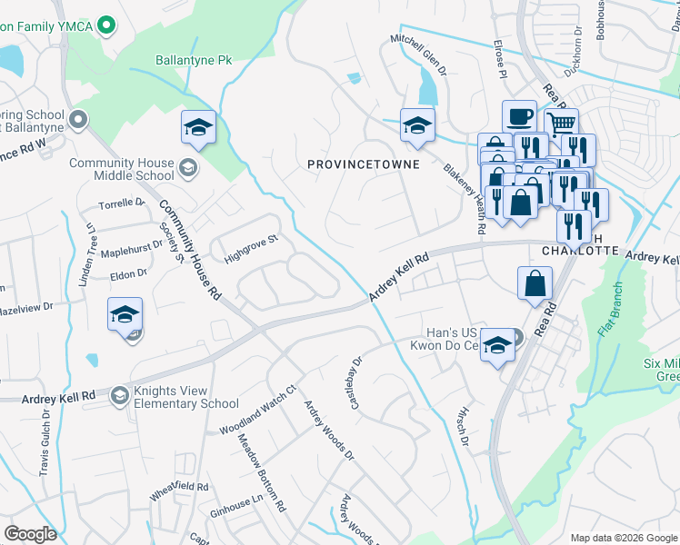 map of restaurants, bars, coffee shops, grocery stores, and more near 9042 Summer Club Road in Charlotte