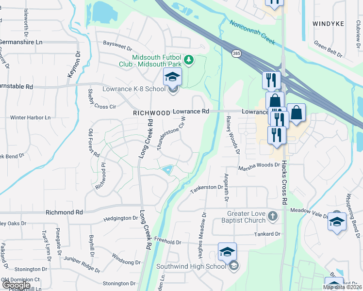 map of restaurants, bars, coffee shops, grocery stores, and more near 7777 Thunderstone Circle South in Memphis