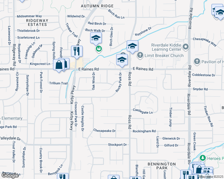 map of restaurants, bars, coffee shops, grocery stores, and more near 6617 Meadow Bend Drive in Memphis