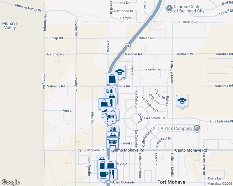 map of restaurants, bars, coffee shops, grocery stores, and more near 4277 Calle Viveza in Fort Mohave
