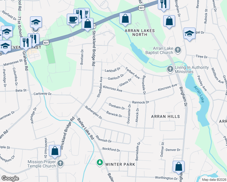 map of restaurants, bars, coffee shops, grocery stores, and more near 6441 Kincross Avenue in Fayetteville