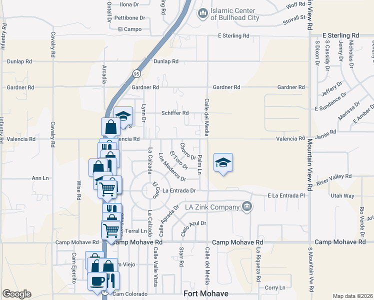 map of restaurants, bars, coffee shops, grocery stores, and more near 4278 Chorro Drive in Fort Mohave