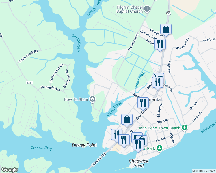 map of restaurants, bars, coffee shops, grocery stores, and more near 26 Blackwell Point Loop Road in Oriental