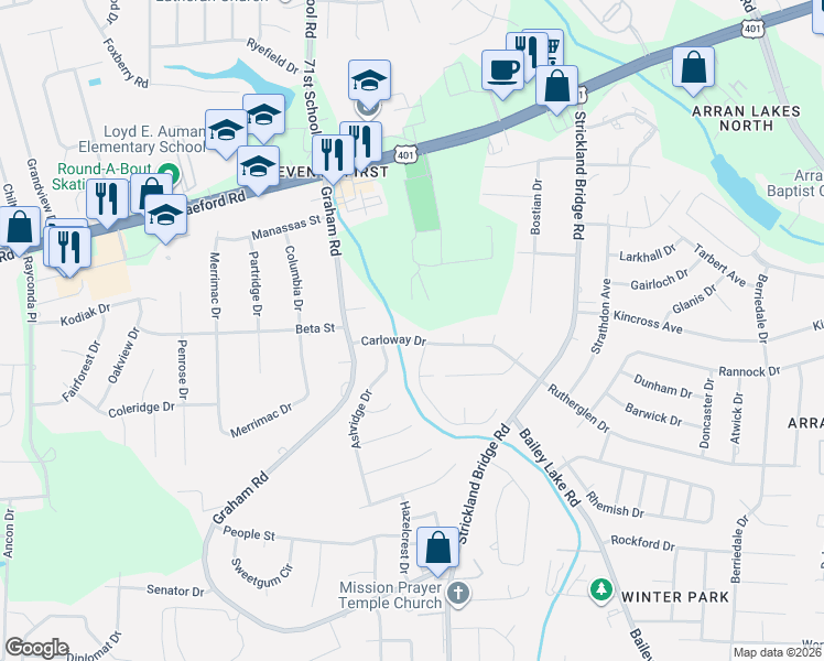 map of restaurants, bars, coffee shops, grocery stores, and more near 6704 Carloway Drive in Fayetteville