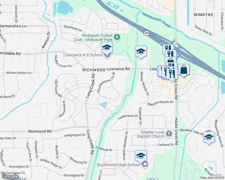 map of restaurants, bars, coffee shops, grocery stores, and more near 7777 Thunderstone Circle South in Memphis