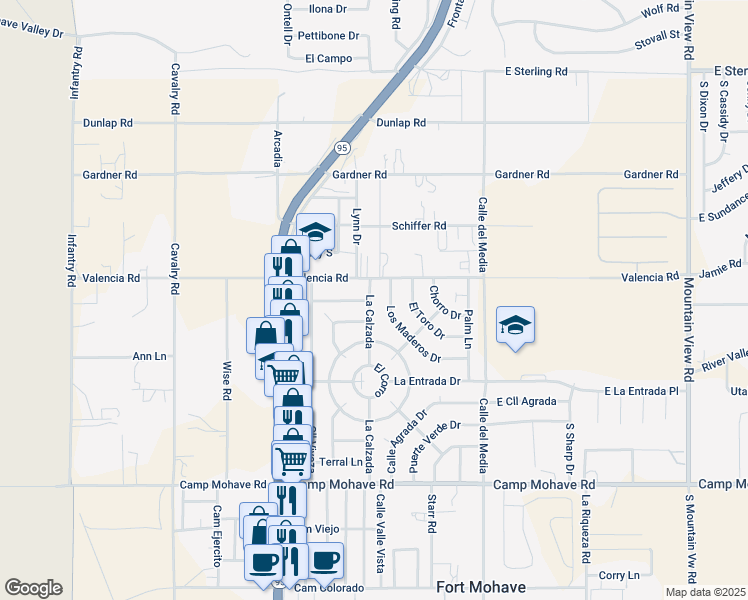 map of restaurants, bars, coffee shops, grocery stores, and more near 4278 La Calzada in Fort Mohave