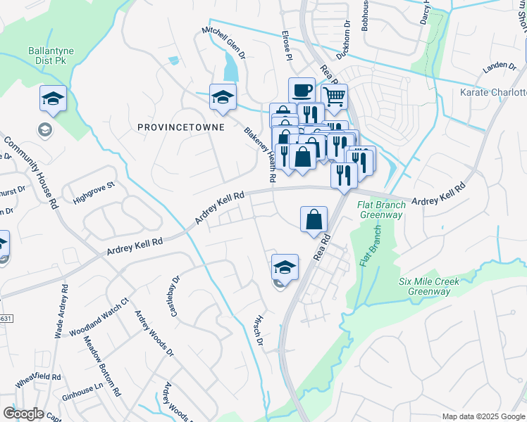 map of restaurants, bars, coffee shops, grocery stores, and more near 9032 Mcalwaine Preserve Avenue in Charlotte