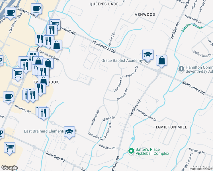 map of restaurants, bars, coffee shops, grocery stores, and more near 2225 Peterson Drive in Chattanooga