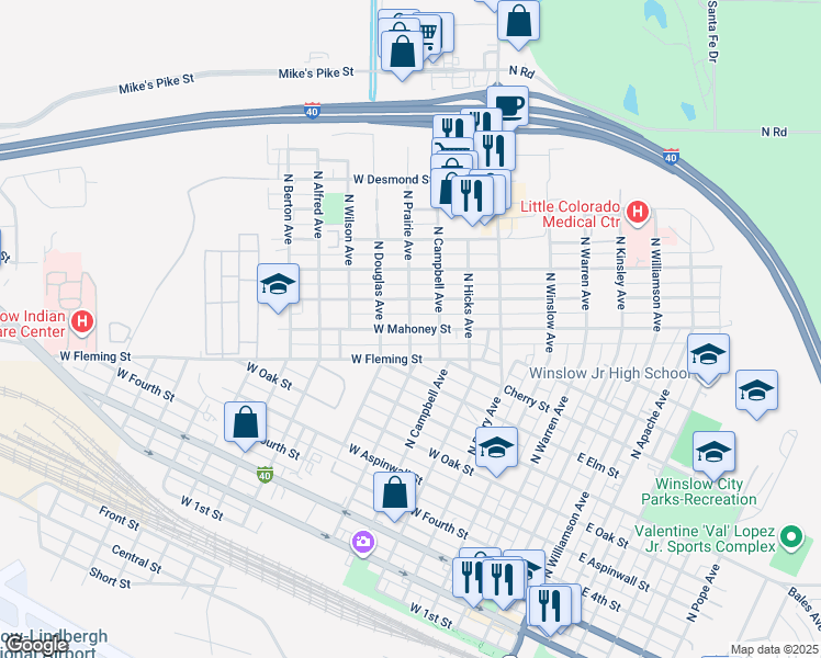 map of restaurants, bars, coffee shops, grocery stores, and more near 700 West Mahoney Street in Winslow