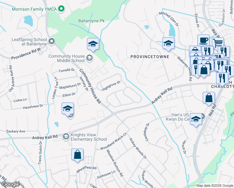 map of restaurants, bars, coffee shops, grocery stores, and more near 9136 Easton Grey Ln in Charlotte