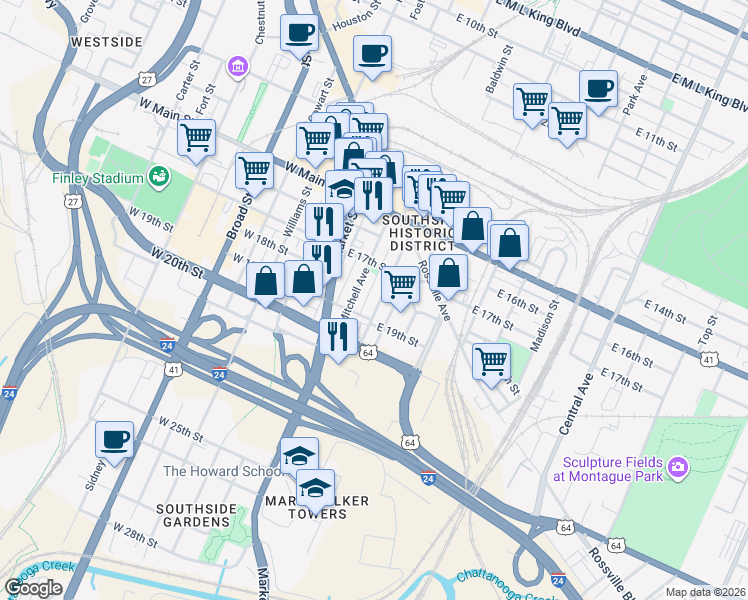 map of restaurants, bars, coffee shops, grocery stores, and more near 1721 Read Avenue in Chattanooga