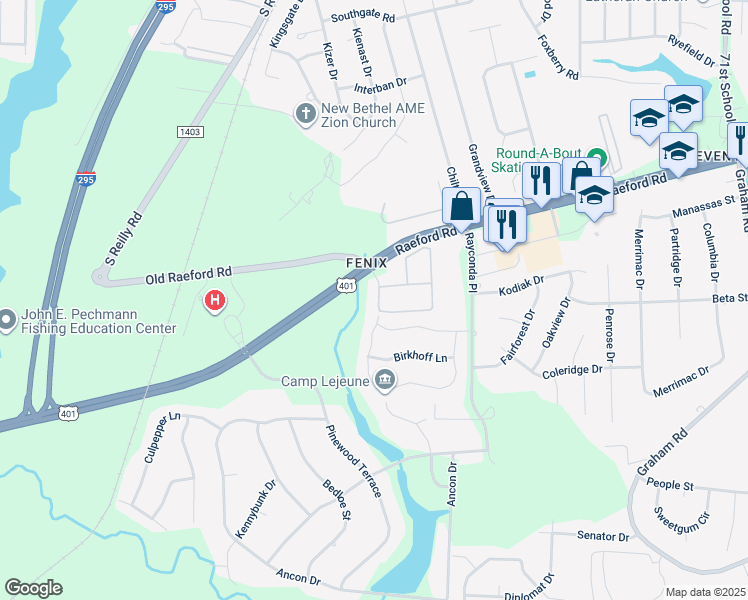 map of restaurants, bars, coffee shops, grocery stores, and more near 2315 Bentridge Lane in Fayetteville
