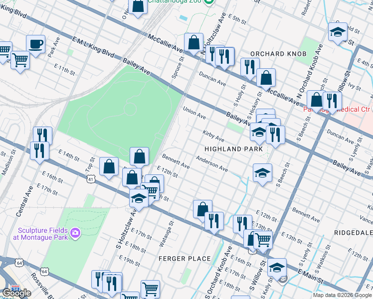 map of restaurants, bars, coffee shops, grocery stores, and more near 908 South Greenwood Avenue in Chattanooga