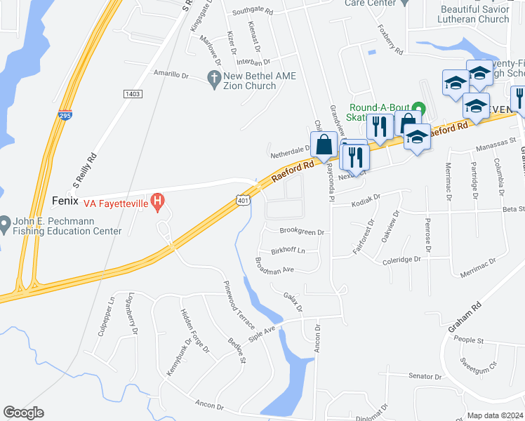 map of restaurants, bars, coffee shops, grocery stores, and more near 2315 Bentridge Lane in Fayetteville
