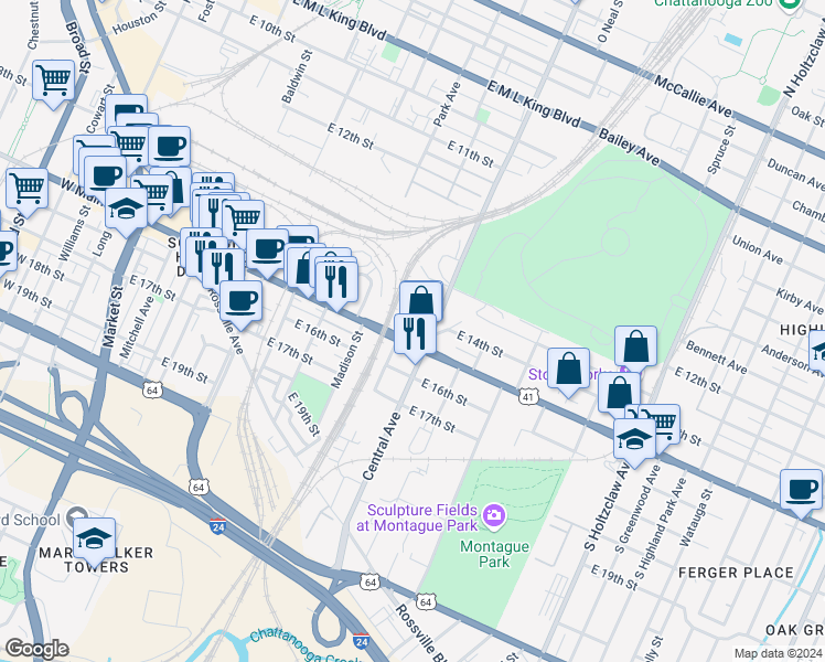 map of restaurants, bars, coffee shops, grocery stores, and more near 737 East Main Street in Chattanooga