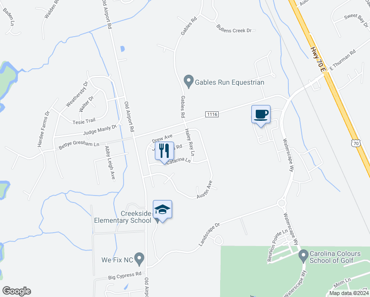 map of restaurants, bars, coffee shops, grocery stores, and more near 3103 John Willis Road in New Bern
