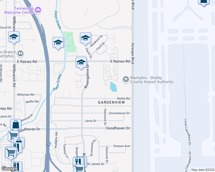 map of restaurants, bars, coffee shops, grocery stores, and more near 2199 Oxford Lake Court in Memphis