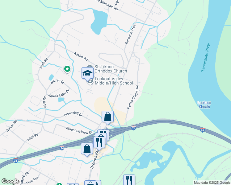 map of restaurants, bars, coffee shops, grocery stores, and more near 349 Browns Ferry Road in Chattanooga