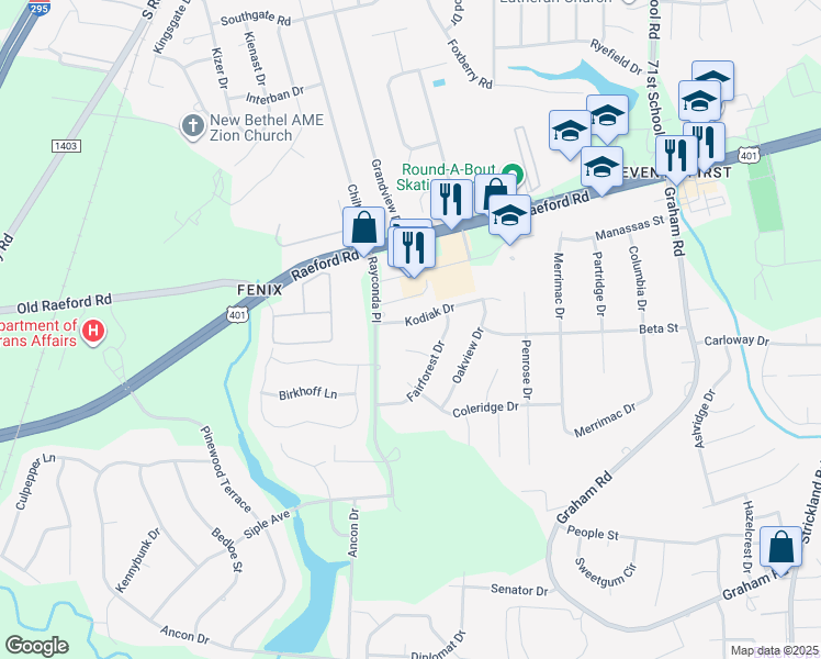 map of restaurants, bars, coffee shops, grocery stores, and more near 6683 Kodiak Drive in Fayetteville