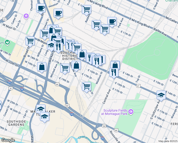 map of restaurants, bars, coffee shops, grocery stores, and more near 510 East 16th Street in Chattanooga