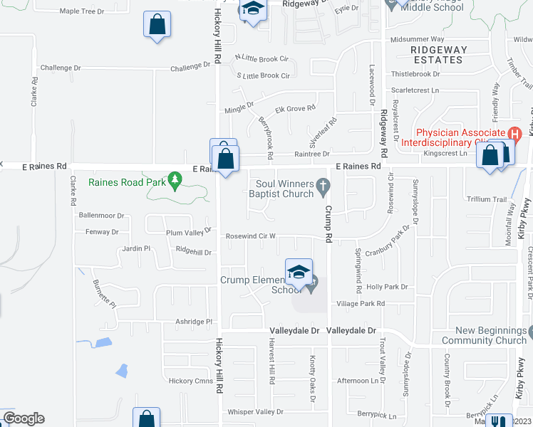 map of restaurants, bars, coffee shops, grocery stores, and more near 4244 Hickory Grove Drive in Memphis